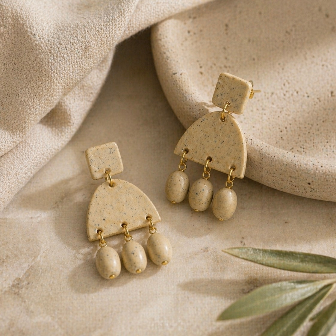 Beige Speckled Arch Drop Earrings