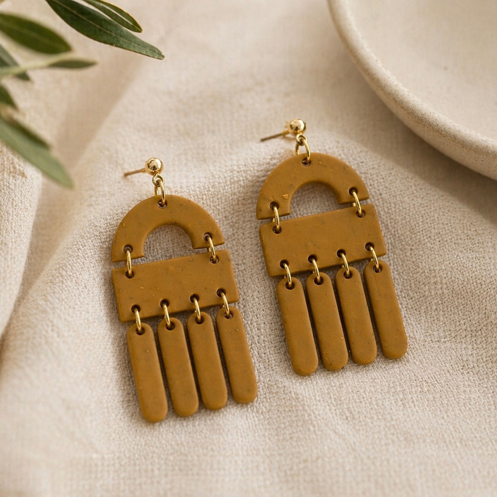Mustard Clay Fringe Arch Earrings