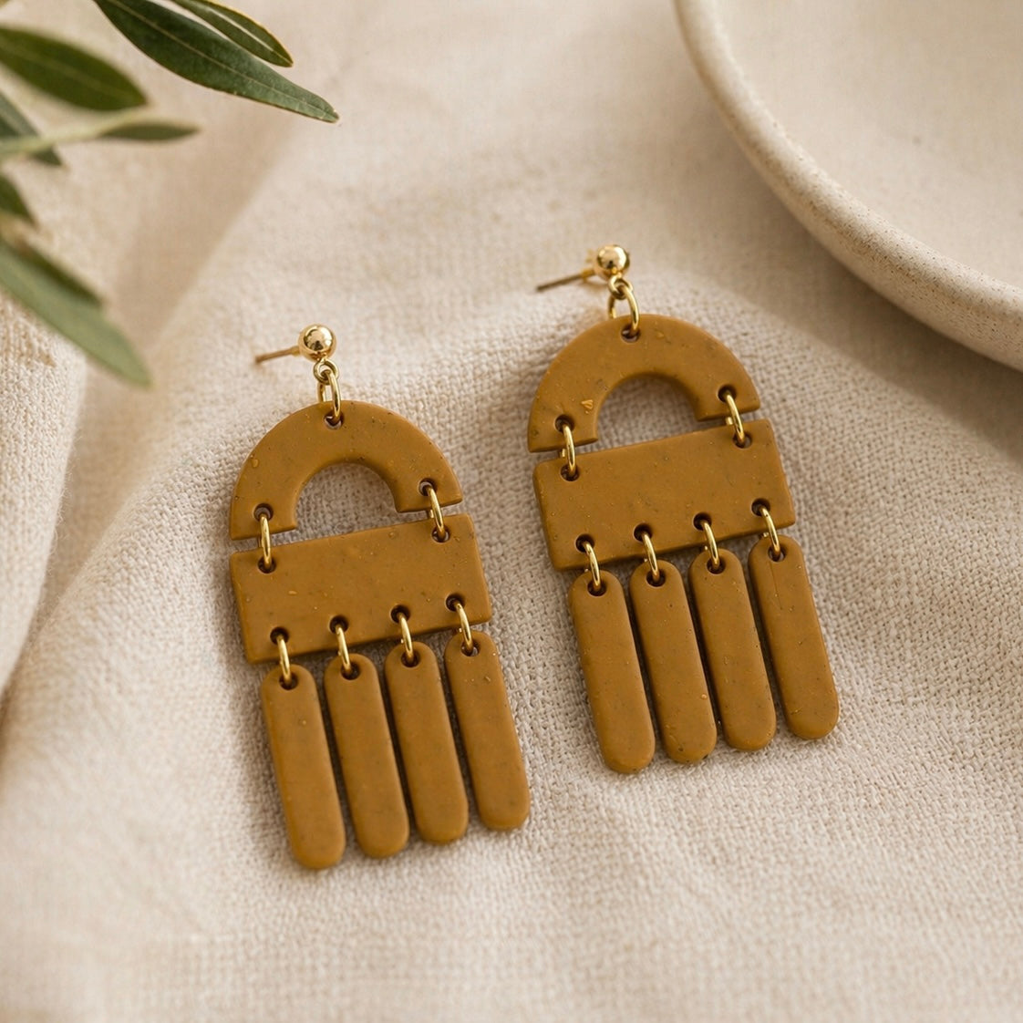 Mustard Clay Fringe Arch Earrings