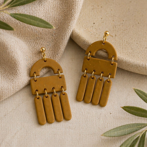 Mustard Clay Fringe Arch Earrings