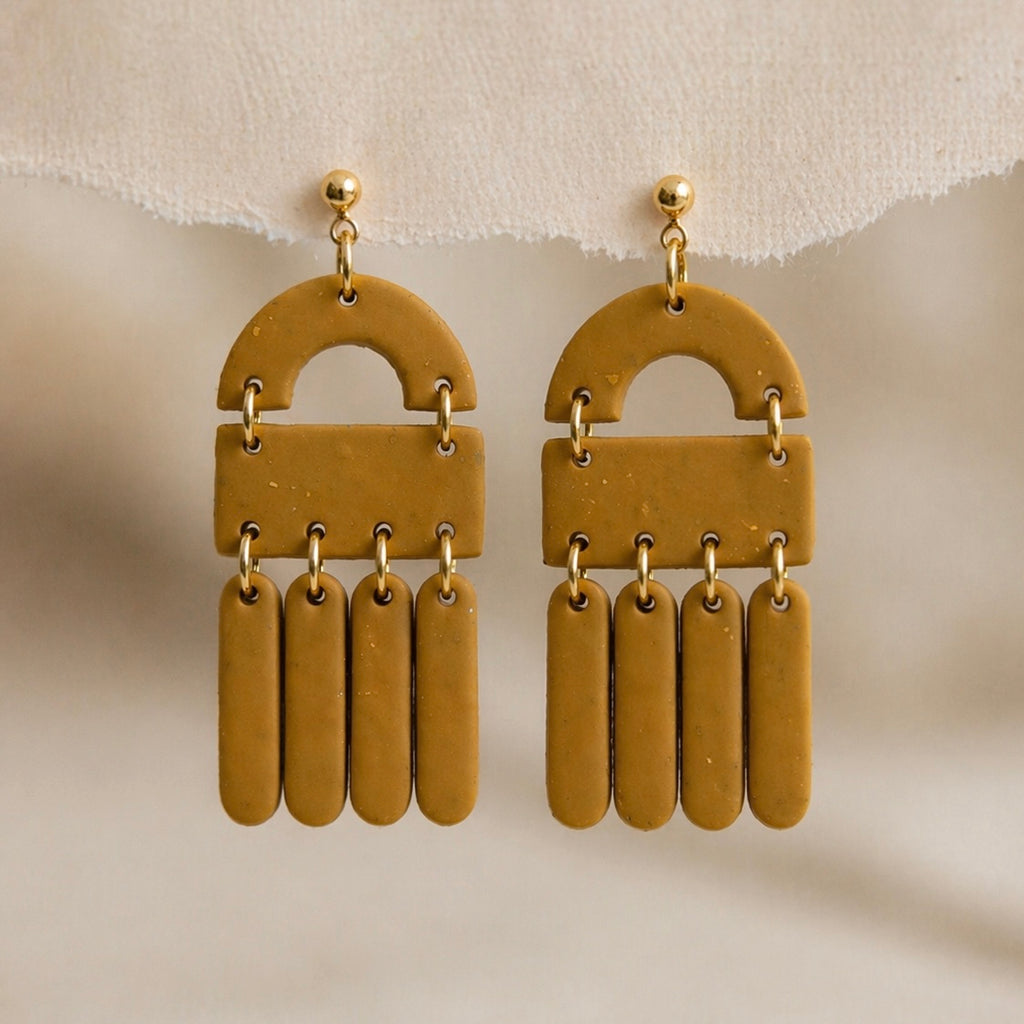Mustard Clay Fringe Arch Earrings