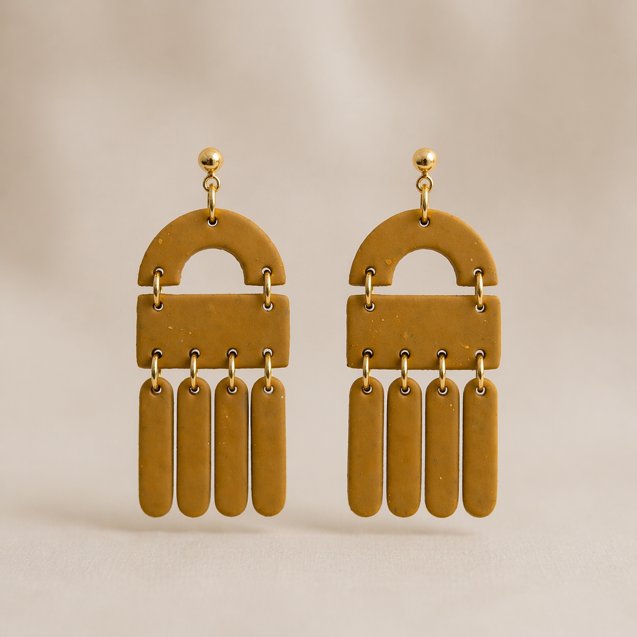 Mustard Clay Fringe Arch Earrings