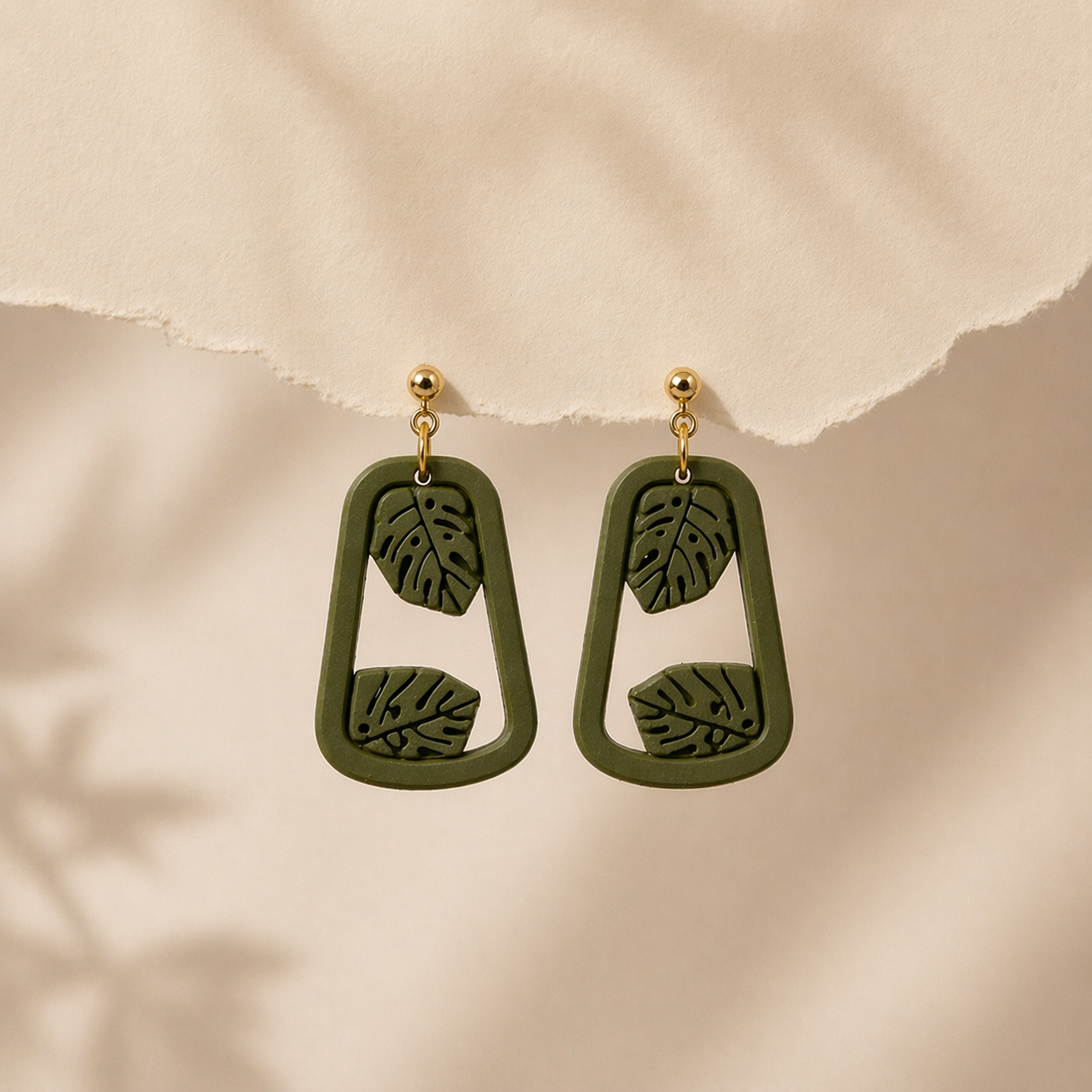 Olive Monstera Frame Earrings