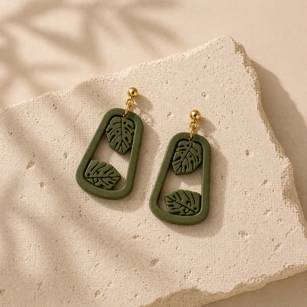 Olive Monstera Frame Earrings