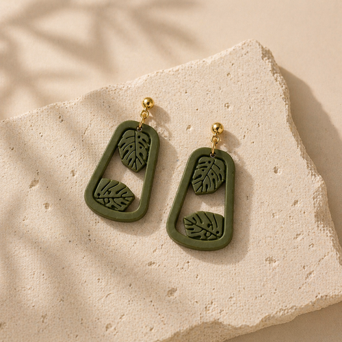 Olive Monstera Frame Earrings