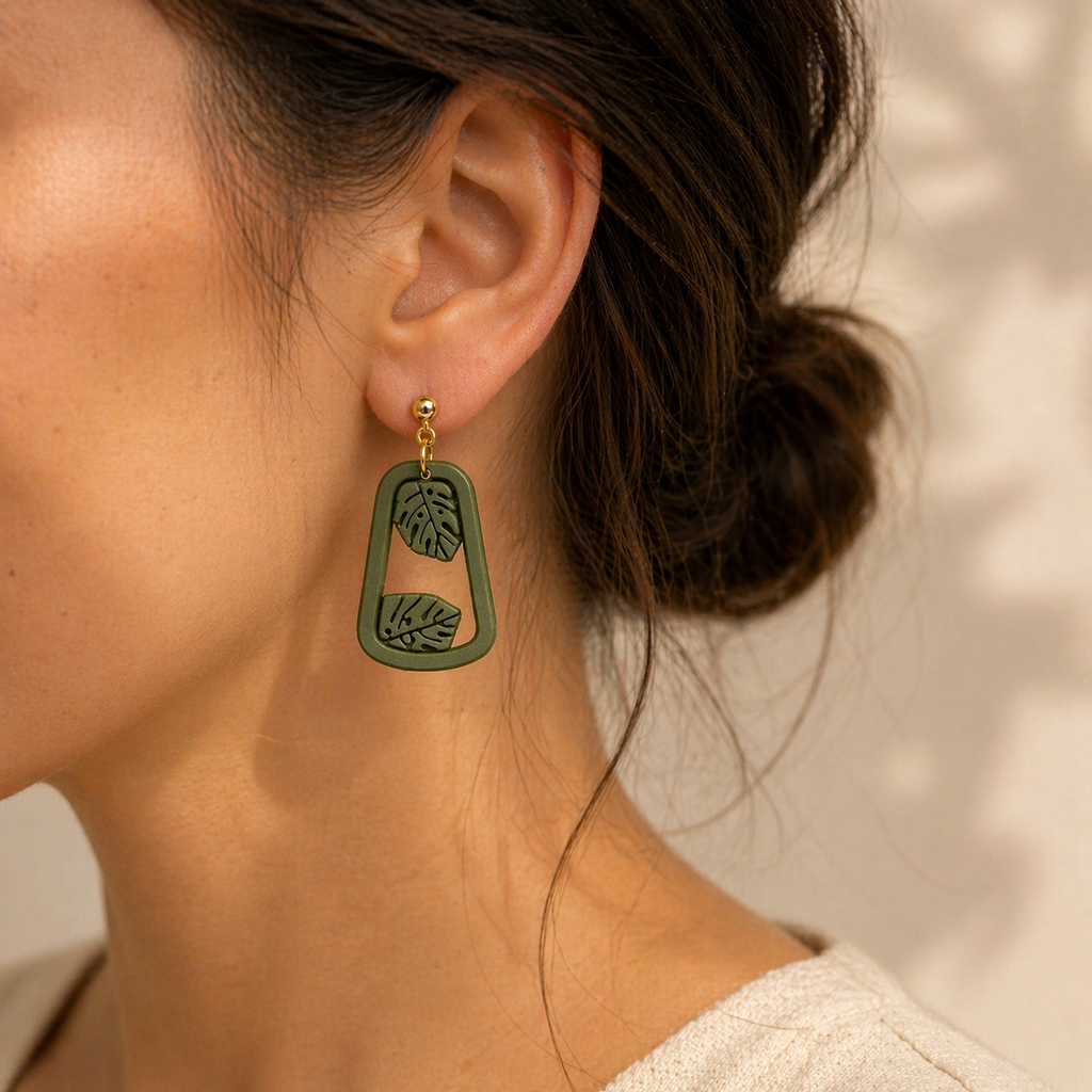 Olive Monstera Frame Earrings