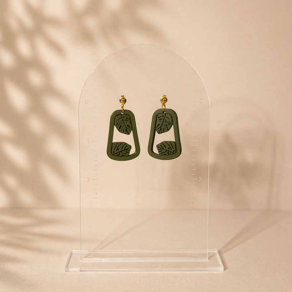 Olive Monstera Frame Earrings