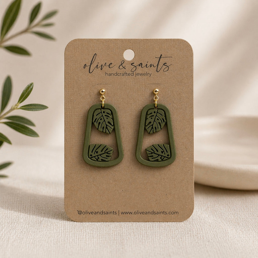 Olive Monstera Frame Earrings