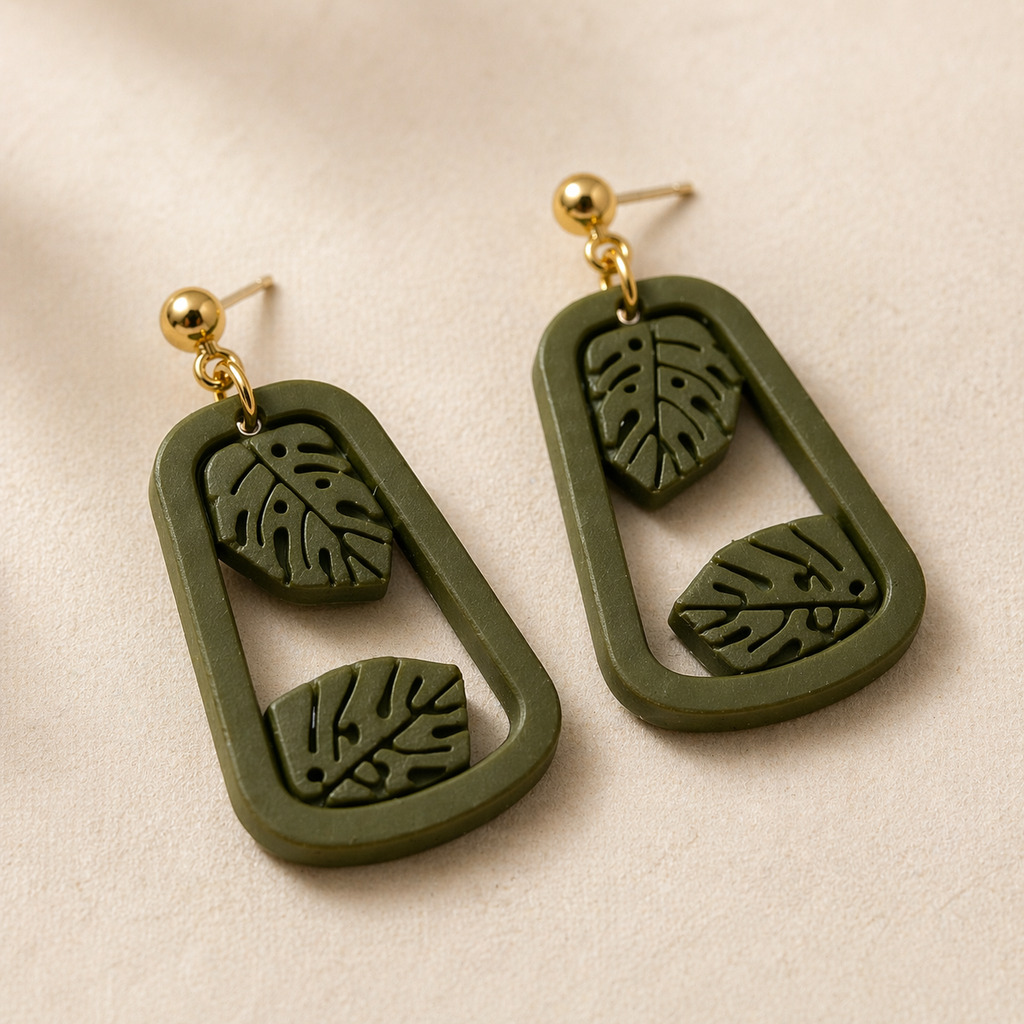Olive Monstera Frame Earrings