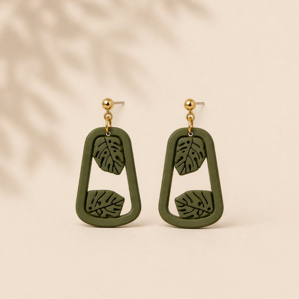 Olive Monstera Frame Earrings