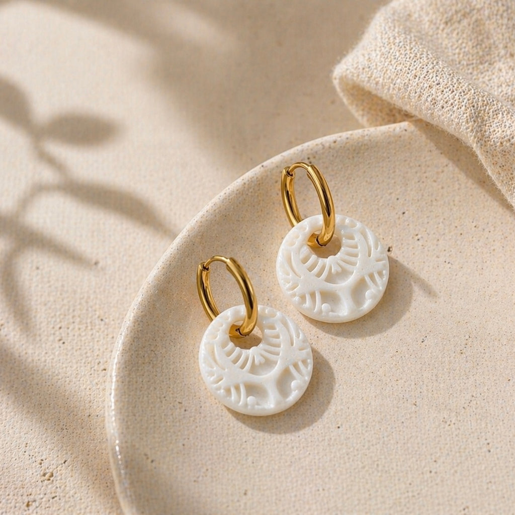 White Embossed Circle Huggie Earrings