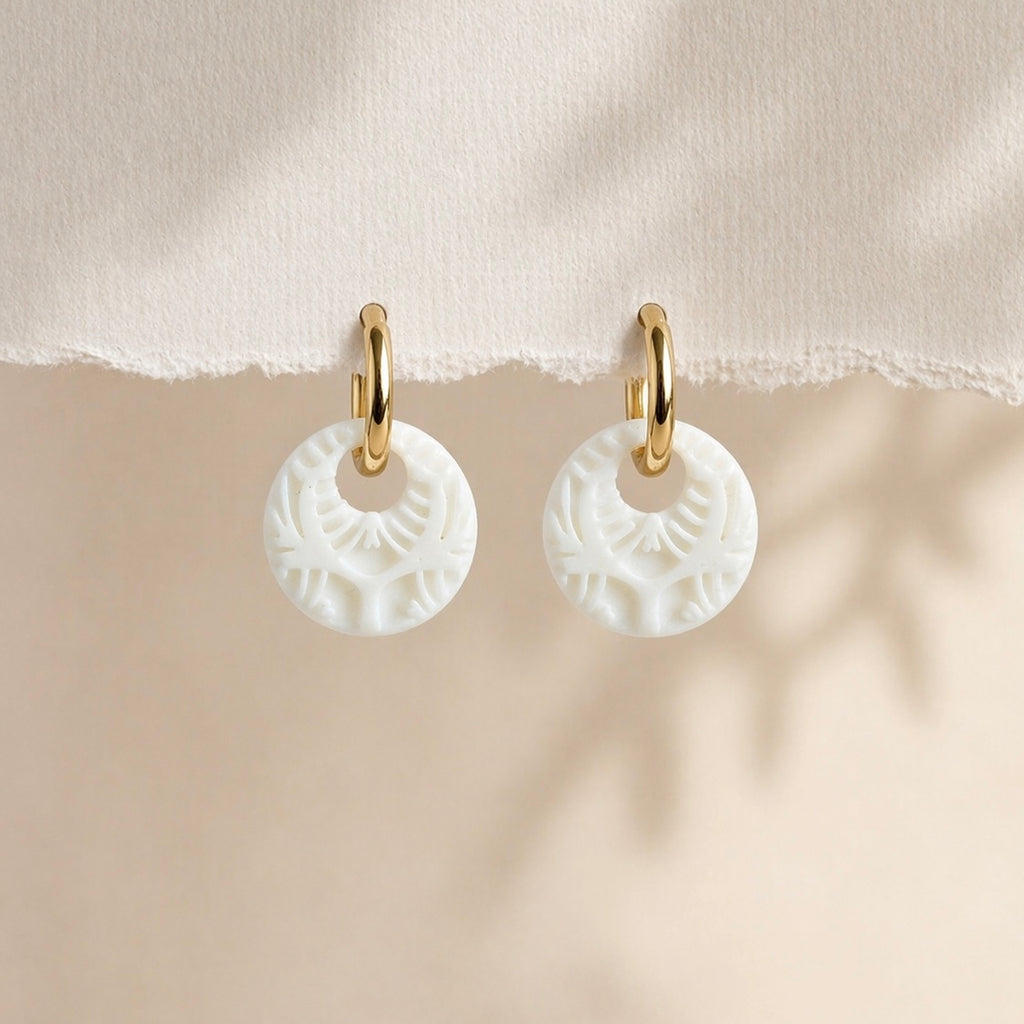 White Embossed Circle Huggie Earrings