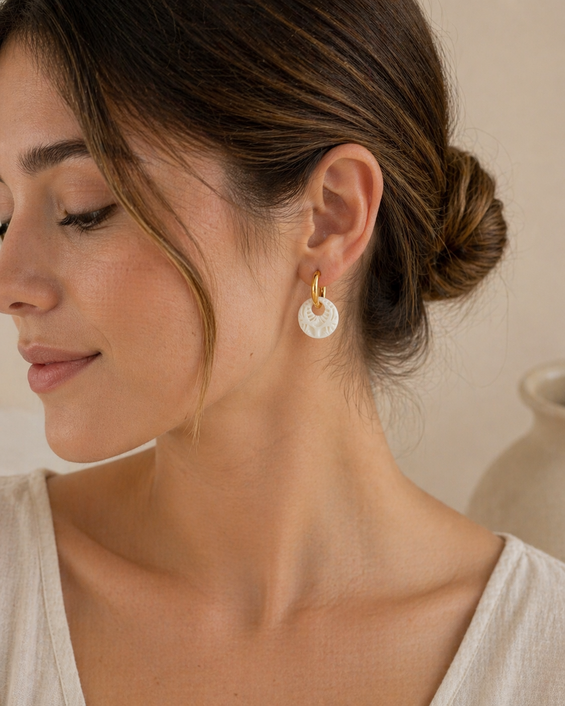 White Embossed Circle Huggie Earrings