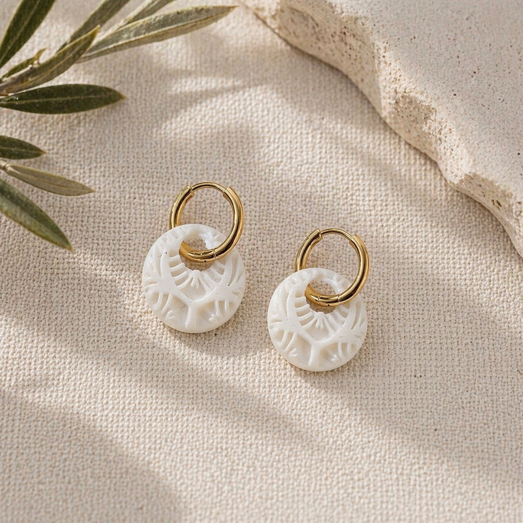 White Embossed Circle Huggie Earrings