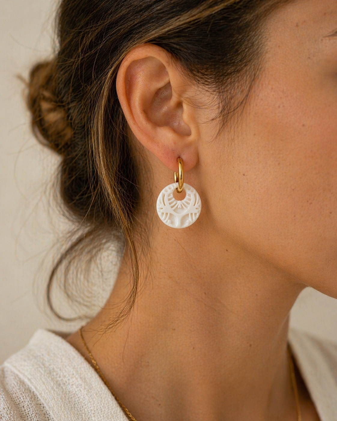 White Embossed Circle Huggie Earrings