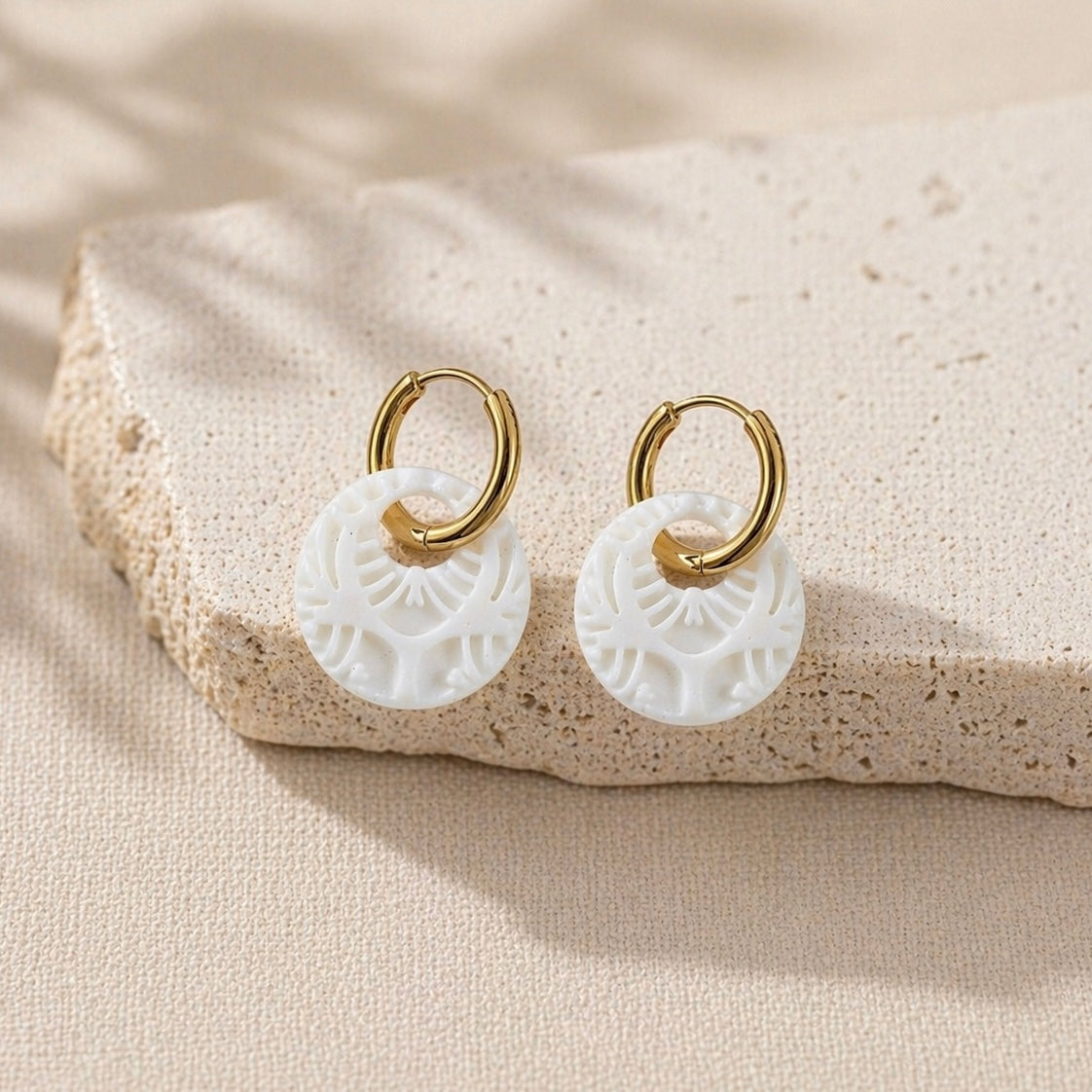 White Embossed Circle Huggie Earrings
